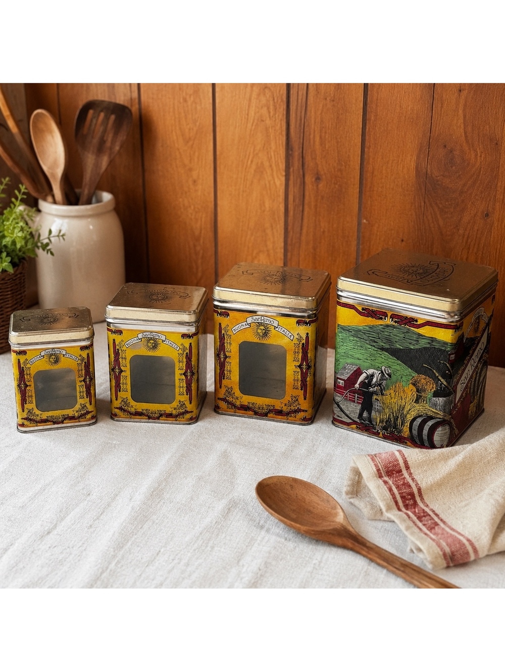 Vintage San Remo Italian Kitchen Canister Set of 4 Yellow Metal Tins Himark
